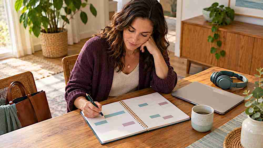 Woman reviewing a planner at home while preparing to fit treatment around her workday.