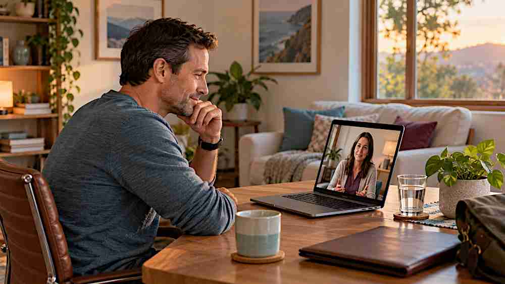 Man attending an online counseling session from a quiet room at home.