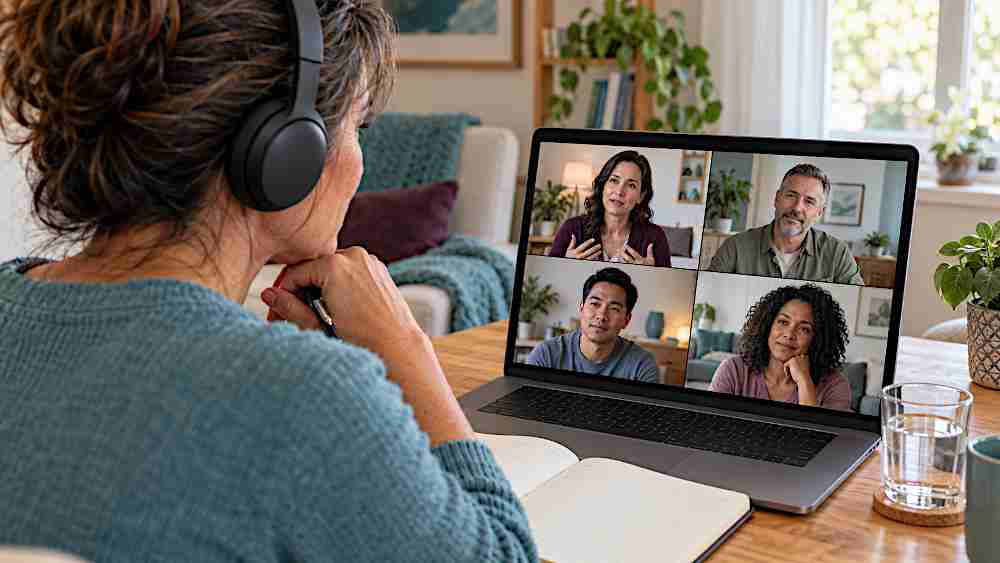 Woman participating in a virtual group counseling session from home.